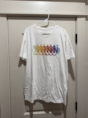 White Tee with Multicolor Rainbow Bicycle Graphic